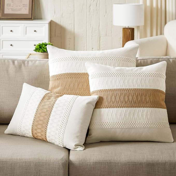 2 Pack Boho Throw Pillow Covers, Contrast Brown 16x16in | Soft Breathable Cotton, Farmhouse Decorative Couch Pillow Cases, Cushion Covers for Sofa Bed Living Room Home Decor