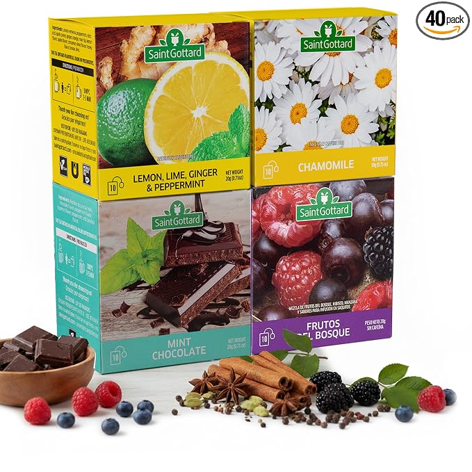 [MIX ESSENTIALS] - Saint Gottard Herbal Tea Variety Pack – Caffeine-Free Best-Sellers Sampler, Natural Ingredients, Hot or Iced Tea, Top-Selling Fruit & Wellness Blends, Aromatic & Smooth Taste, 40 Tea Bags