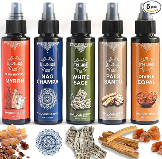 Set of 5 Smudge Sprays White Sage|Palo Santo|Frankincense Myrrh|Nag Champa|Copal for Negative Energy Cleansing of Home - Natural Room Sprays and Body Mists Made with Non Toxic Essential Oils
