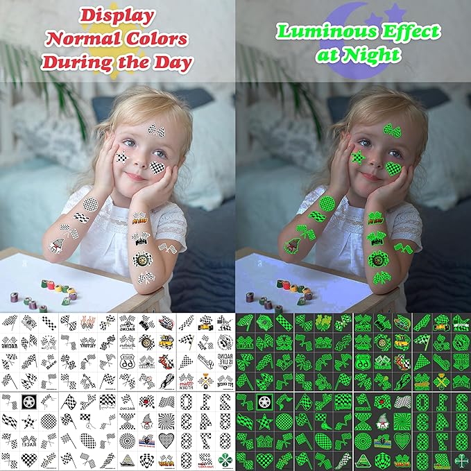 96 PCS Funny Race Car Checkered Flag Glow In The Dark Pre-Cut Black and White Temporary Tattoos Sticker Birthday Party Decorations Supplies Favors Gifts Boys Girls (Luminous)
