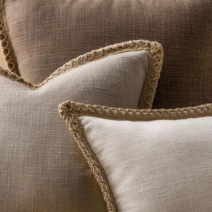 Phantoscope Farmhouse Solid Throw Decorative Pillow Cover Burlap Linen Trimmed Tailored Edges Outdoor Pillow Beige 12 x 20 inches, 30 x 50 cm
