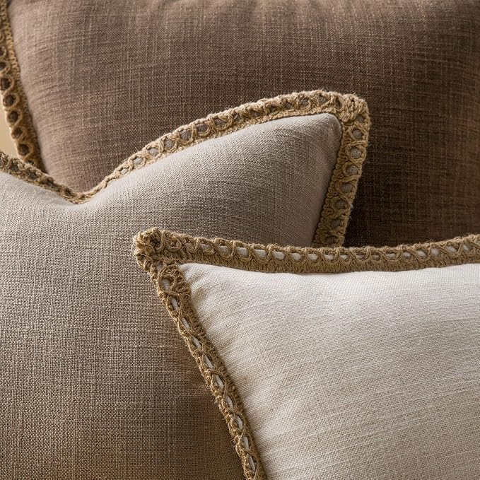 Phantoscope Pack of 2 Farmhouse Decorative Throw Decorative Pillow Cover Burlap Linen Trimmed Tailored Edges Beige, Plain, 22 x 22 inches, 55 x 55 cm