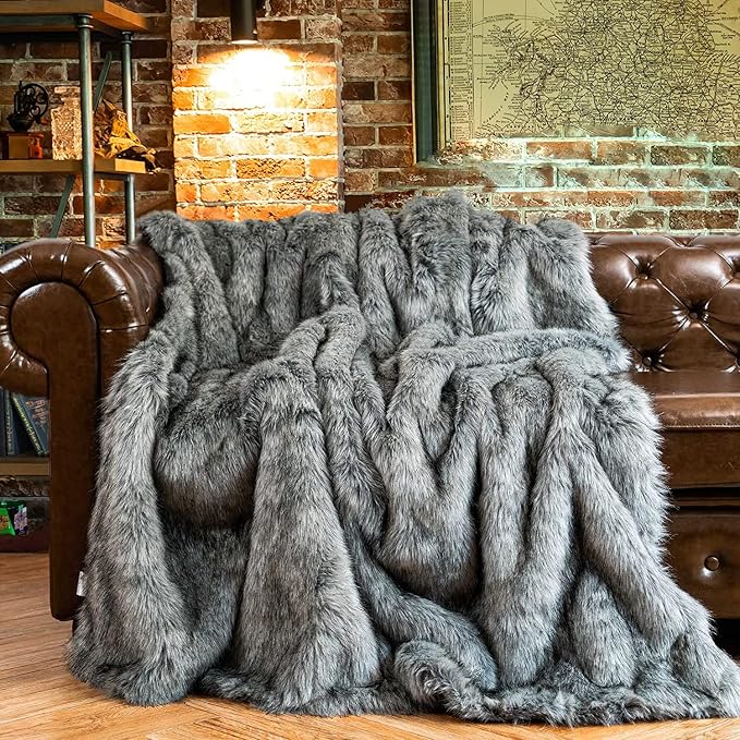 BATTILO Luxury Silver Grey Faux Fur Throw Blanket for Couch, 50"x60", Thick | Soft Cozy Plush Warm Elegant Furry Fluffy Faux Fur Blanket for Bed, Sofa, Living Room, Long Pile with Black Tips
