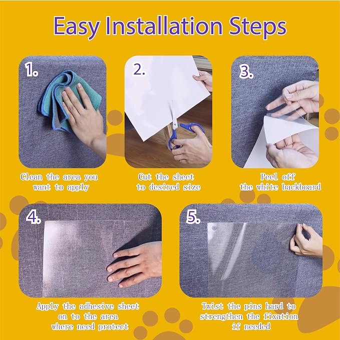 Anti-Cat Scratch Furniture Protector-6-Pack –Single-Sided, Heavy-Duty Self-Adhesive Tape, No-Residue for Couch, Doors & Walls - with 32 Twist Pins