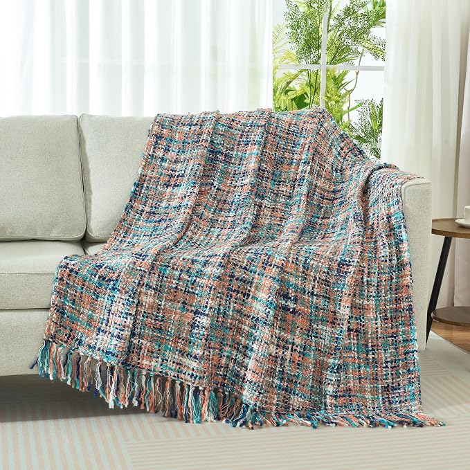 Multi-Color Cable Woven Throw Blanket for Couch - 50"X60" | Multicolored Boho Style,Super Soft Warm Cozy Chunky Blankets with Decorative Tassels for Bed and Sofa,Pink