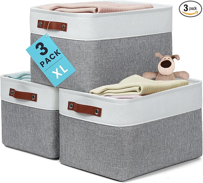 OrganiHaus 16x12.5in Storage Baskets, 3 Pack - Fabric Bins for Shelves | Vegan leather handles; a decorative linen closet organizer, towel and clothes container