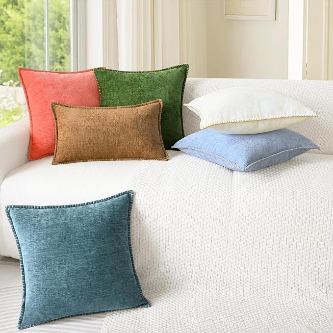 CaliTime Decorative Couch Throw Pillow Covers 24 X 24 Inches Forest Green | Pack of 2, Cozy Chenille Cushion Cases, Cotton Thread Stitching Edges, for Sofa Bed Living Room Farmhouse