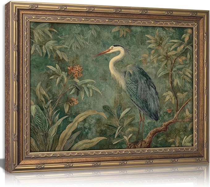 Vintage Gold Framed Canvas Wall Art Blue Heron Nature Wildlifate Painting Picture Wall Decor Botanical Birds Poster Print Artwork for Living Room Bedroom Office Home Decoration