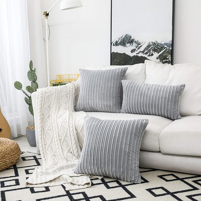 UGASA Velvet Pillow Covers Striped, Decorative Throw Cushion Case with Hidden Zipper for Home Couch/Bedroom/Car, Soft Cozy Solid Square, 1 Pack (20"x20", Light Grey)