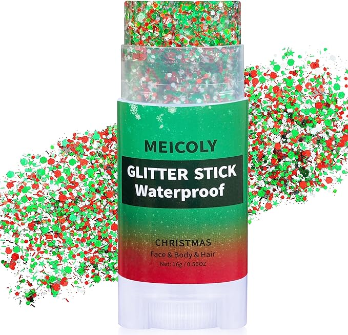 MEICOLY Christmas Face Glitter Stick,Christmas Hair Glitter for Kids and Women,Stocking Stuffers Gifts,Sparkle Chunky Christmas Makeup,Red Silver Green Body Glitter for Party Rave Festival