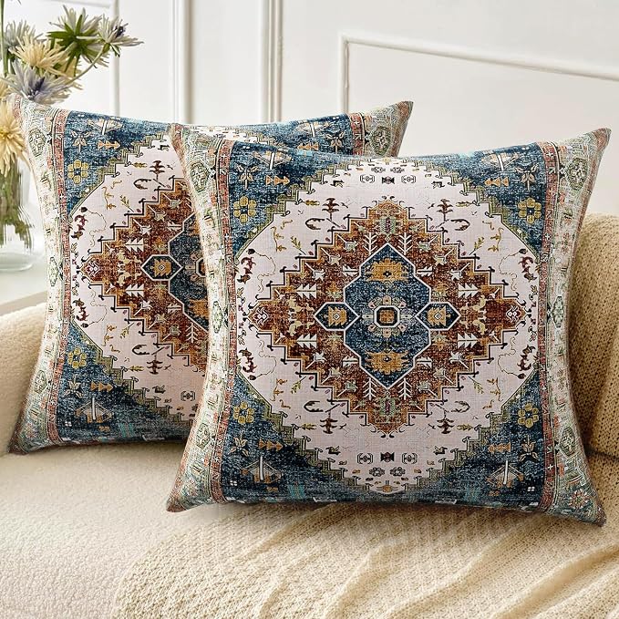 Boho Throw Pillow Covers 22x22 inch Set of 2,Soft Pillowcases Bohemia Carpet Printing Pattern Decorative Sofa Living Room Bed Square Pillow Case Cushion Cover-Blue Green