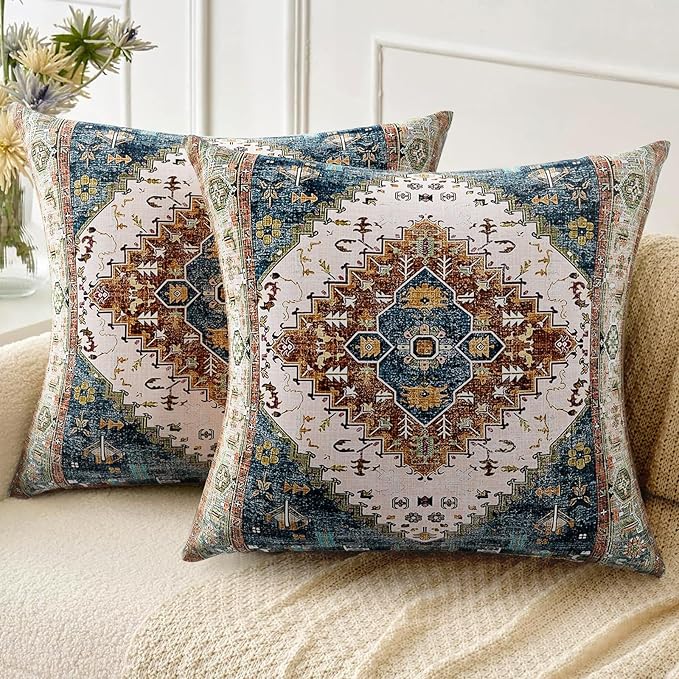 Boho Throw Pillow Covers 20x20 inch Set of 2,Soft Pillowcases Bohemia Carpet Printing Pattern Decorative Sofa Living Room Bed Square Pillow Case Cushion Cover-Blue Green