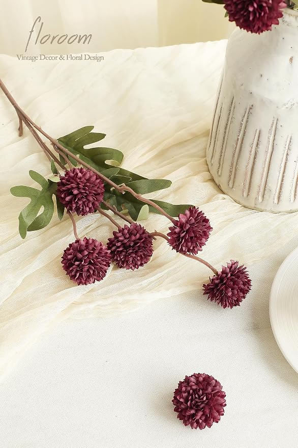 5pcs Burgundy Faux Silk Mums Artificial Flowers, Bulk Fake Small Mini Chrysanthemums with Stems for DIY Wedding Centerpieces Floral Arrangements Vase Fillers Home Decorations