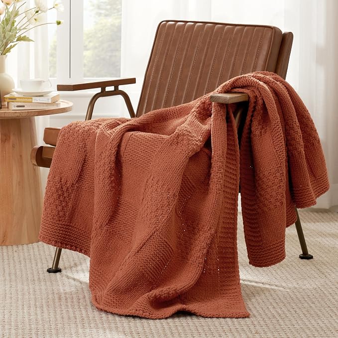 Knit Throw Blanket, Soft Chenille Cozy Breathable Checkered Chunky Decorative Blanket for Couch, Bed & Sofa, French-Inspired Lightweight Warm Gift for Women, Orange, 50"x60"