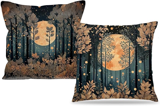 Rustic William Morris Inspired Gold Forest Moon Pillow Covers 18x18 Set of 2,Vintage Black and Gold Moon Nature Landscape Botanical Decorative Throw Pillow Covers for Home Bedroom Living Room