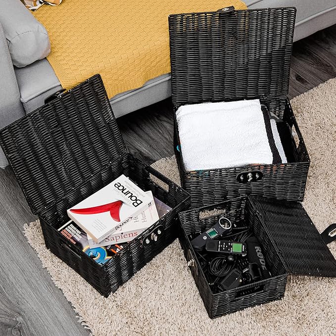 Set of 3 Woven Wicker Storage Basket Box with Lids & Lock, Built-in Carry Handles, Multifunctional Storage Organizer for Nursery, Baby, Clothes, Toys, Books, Large/Medium/Small Size (Black)