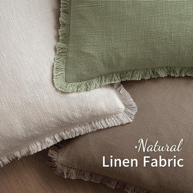MIULEE Linen Fringe Decorative Fall Throw Pillow Covers Cocoa Brown 18x18 | Set of 2, Cottagecore Decor, Boho Farmhouse Neutral Pillow Covers, Rustic Fall Couch Cushion Cases for Sofa Bed Living Room