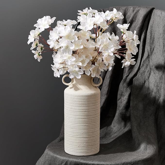 Vaseking Ceramic Rustic Vase with 2 Round Handles, Antique Farmhouse Flower Vase, Vintage Terracotta Vases for Home Decor, Wedding, Living Room, Table, Shelf Decor - 10.2 Inch Tall, Fossil