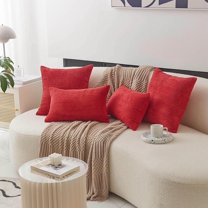 Home Brilliant Pillow Cover 18x18 Red Throw Pillow Covers Striped Velvet Corduroy Throw Pillows for Couch Sofa Bedroom, 18 x 18 inch, Red