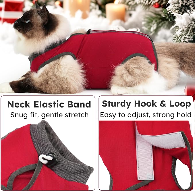 Hpetppy Cat Recovery Suit for Spay Abdominal Wounds, Kitten Onesie Bodysuit for Cats After Surgery, Cat Surgery Recovery Suit Female Cone of Shame Alternative for Cats Anti Licking (Red,M)
