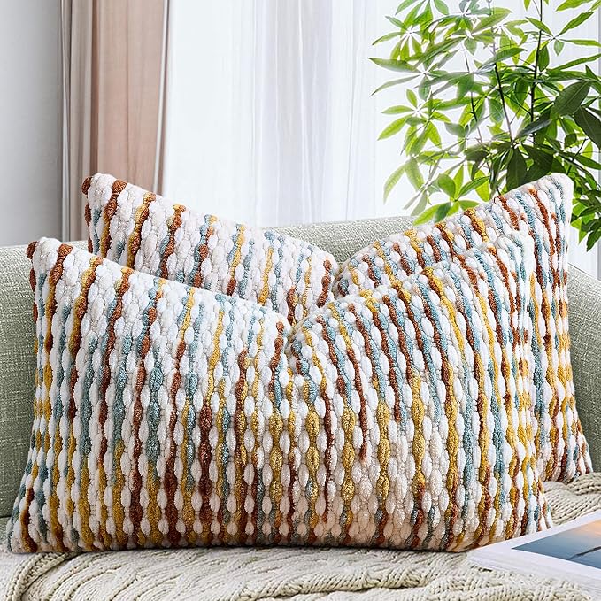 Set of 2 Boho Chenille Pillow Cover Decorative Tufted Pillowcase for Couch Bed Sofa Bedroom Living Room Modern 12 x 20-Inch Brown