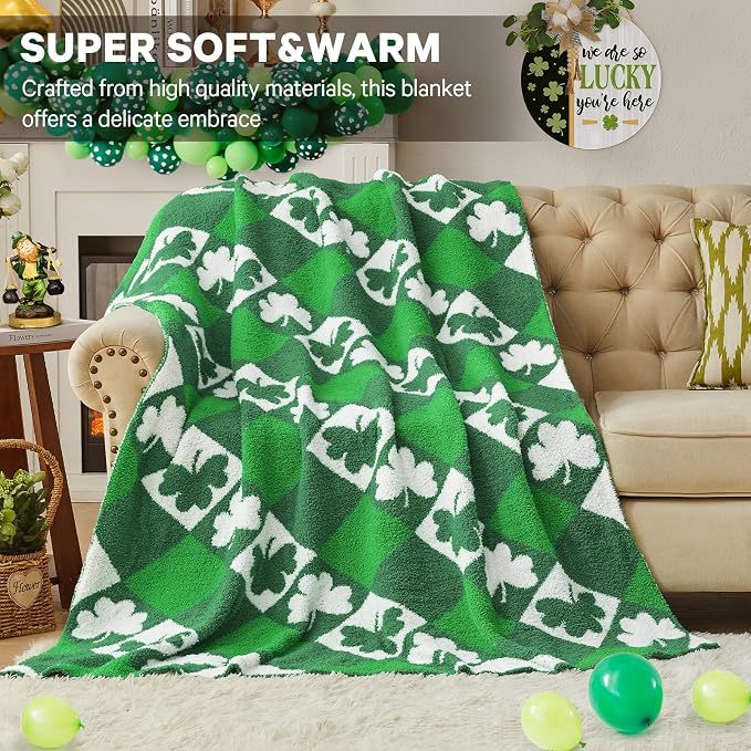 St. Patrick's Day Knit Throw Blanket - Super Soft Lightweight Plush Shamrock Clover Blanket for Couch, Bed, Sofa, 50 x 60 Inches, Irish Green