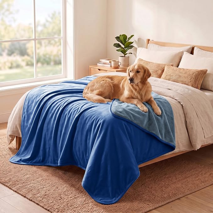 Waterproof Blanket - Reversible Dog Throw as Furniture Protector | Soft Velvet & Flannel, TPU Leak-Proof Liner, Machine Washable, Fits Couch and Bed, 82" x 108", Navyblue/Stoneblue