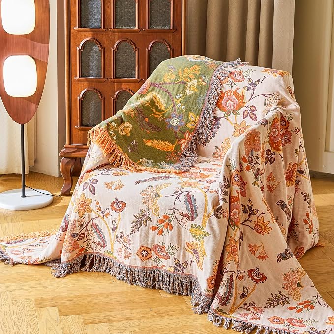 VANJOROY Boho Throw Blanket 80" x 90", 100% Organic Cotton Breathable Skin-Friendly Ultra Soft Bed Quilt Throw - Floral Rustic Decor Luxury Reversible Blanket for Sofa Couch Chair and Gift,