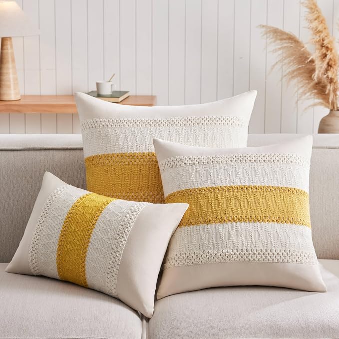 2 Pack Boho Throw Pillow Covers, Contrast Mustard 20x20in | Soft Breathable Cotton, Farmhouse Decorative Couch Pillow Cases, Cushion Covers for Sofa Bed Living Room Home Decor