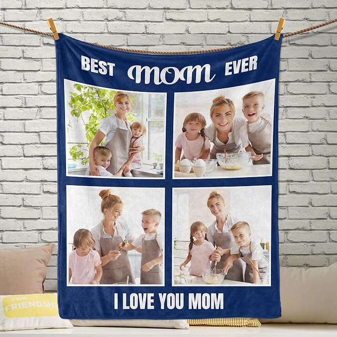 Personalized Mom Blanket, Birthday Gifts for Mom from Daughter Son | Custom Blanket with Photos Text, Mother's Day Christmas Birthday Valentine's, Customized Collage 4 Pictures Blanket