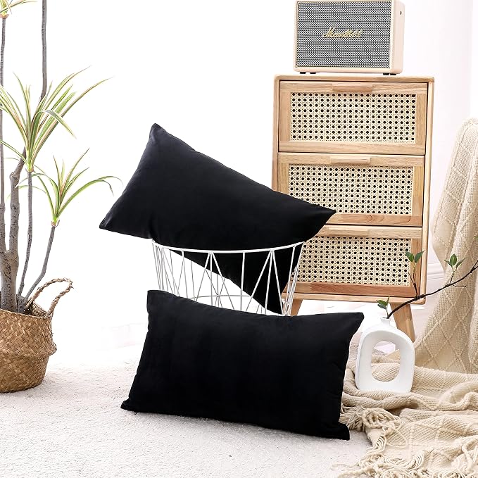 NiNi ALL Black Velvet Throw Pillow Covers 12x20 Pack of 2 Decorative Couch | Soft Solid Boho Cushion Squar Pillow Cases for Chair Sofa Bedroom Farmhouse Living room Modern Luxury Home Decor Halloween