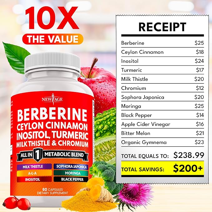 Berberine and Ceylon Cinnamon Supplement - Bitter Melon, Glucomannan, Gymnema Sylvestre, Chromium, Moringa, Milk Thistle, Turmeric, Inositol Pills - 120 Count