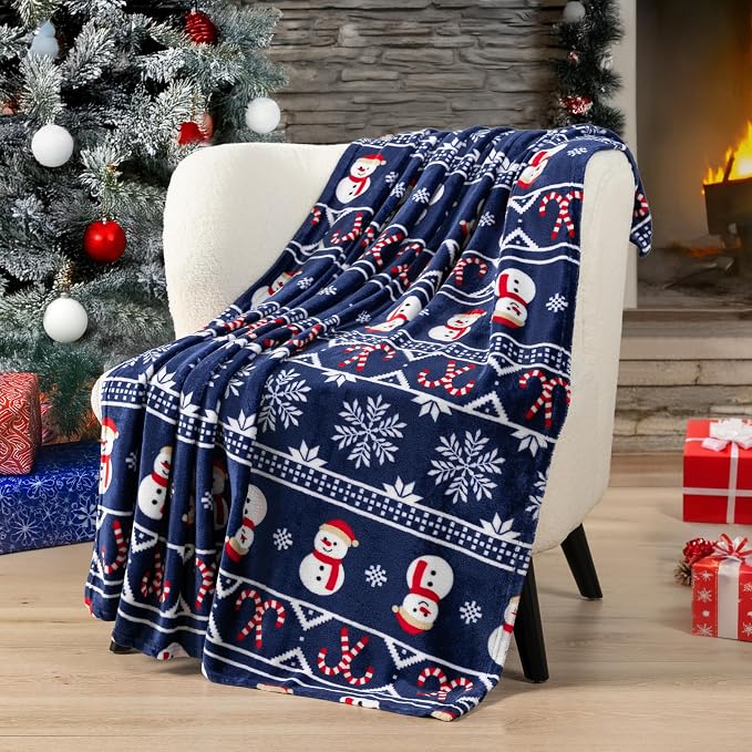 PAVILIA Christmas Snowman Throw Blanket | Blue Holiday Christmas Fleece Blanket | Soft, Plush, Warm Winter Cabin Throw, 60x80 (Blue Christmas)