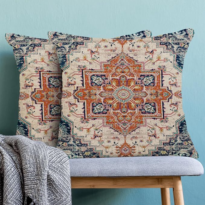 AEIOAE Boho Pillow Covers 18x18 Inch Set of 2,Carpet Pattern Throw Pillows Case,Navy Blue Orange Ethnic Design Outdoor Decorative Square Linen Farmhouse Decor Cushion Covers for Home Sofa Bed Couch