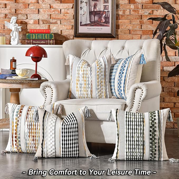 Set of 2 Chenille Striped Textured Boho Throw Pillow Covers Aesthetic with Tassels Woven Decorative Pillow Case for Couch Bed Sofa Bedroom Modern Funky 18 x 18-Inch Sage Green