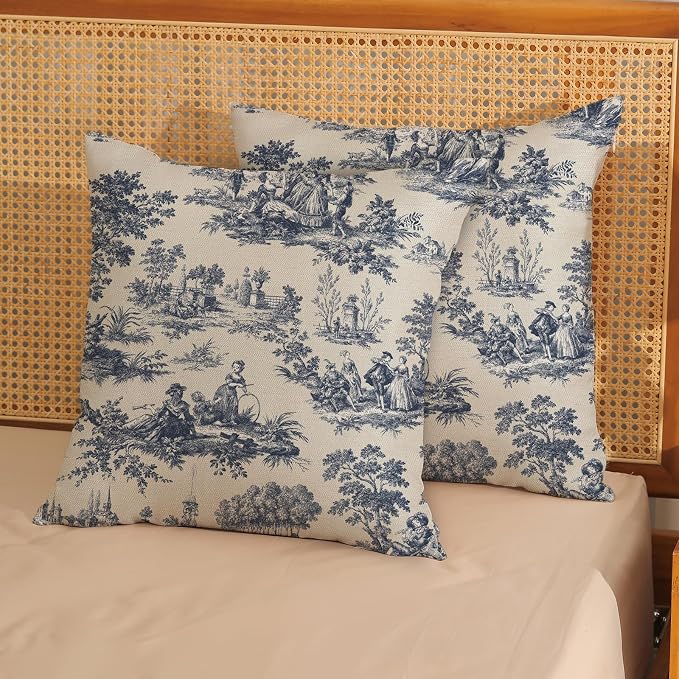 French Country Pillow Covers 18x18 Set of 2 Vintage Toile Blue Throw Pillows French Country Outdoor Decorative Pillowcase Rustic Cottage Decor Linen Farmhouse Cushion Case for Couch Bed Sofa