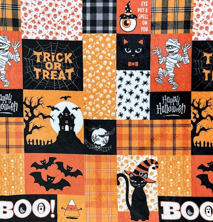 Halloween Fleece Throw Blanket, Patchwork Witch & Haunted House, 50x60 in | Ultra-soft cozy flannel fleece, for sofa couch bed chair & dorms, spooky Halloween décor, durable and machine washable.