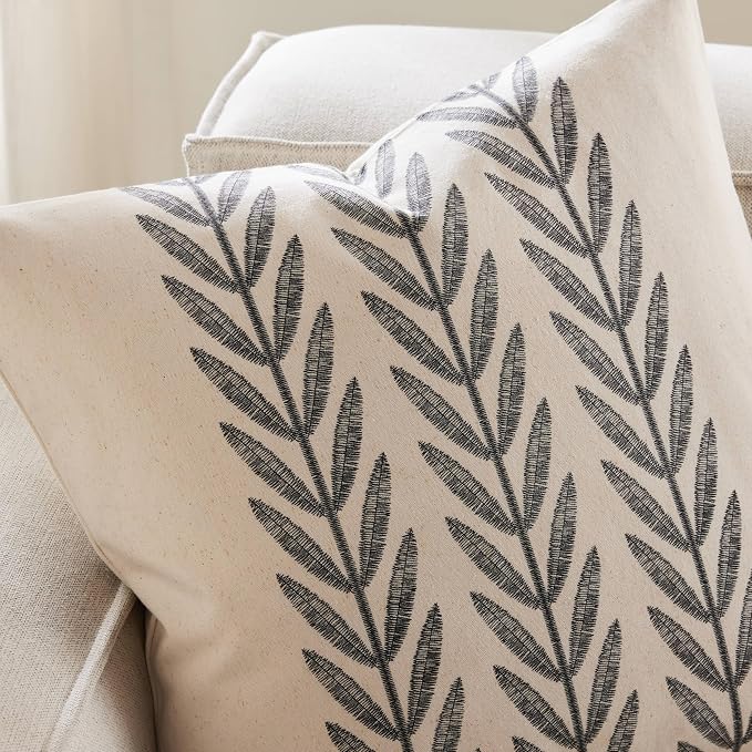Farmhouse Leaves Throw Pillow Covers Set of 2, 20x20in Black | 100% Organic Cotton, Rustic Accent Print Pillow Case, Pastoral Decorative Cushion Covers for Sofa Bed Living Room Home Decor