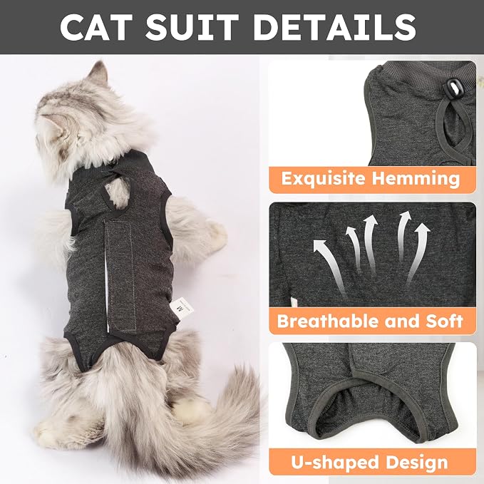 Hpetppy Cat Recovery Suit for Spay Abdominal Wounds, Kitten Onesie Bodysuit for Cats After Surgery, Cat Surgery Recovery Suit Female Cone of Shame Alternative for Cats Anti Licking (Dark Grey,S)