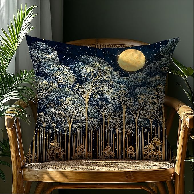 Rustic William Morris Night Forest Green Moon Decor Pillow Covers 18x18,Vintage Botanical Nature Landscape Decorative Throw Pillow Covers for Home Bedroom Living Room
