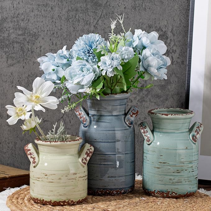 Ceramic Vase Set of 3 with Two Handles, Blue Neutral Rustic Modern Farmhouse Boho Decor, Versatile as Table Centerpiece or Mantel & Shelf Accent - Unique Home Gift Idea