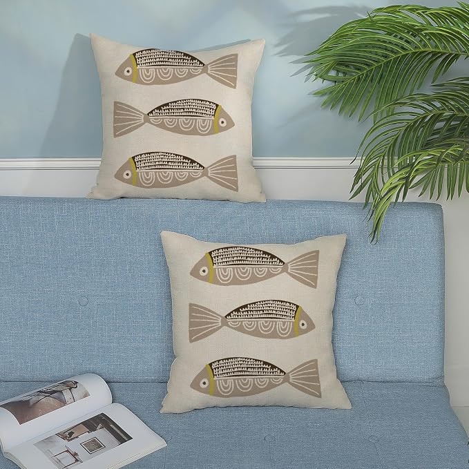 Coastal Pillow Covers 18x18 Inch Set of 2 Ocean Beach Brown Fish Throw Pillows Summer Nautical Outdoor Decorative Pillow Cases Linen Farmhouse Cushion Cover for Couch Home Sofa Bedroom Decor