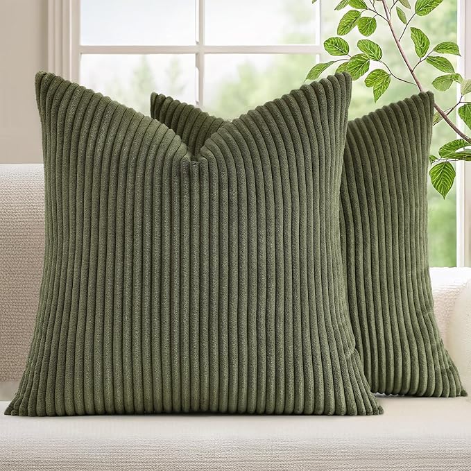 Mecatny Corduroy Fall Throw Pillow Covers 24x24 Set of 2 Olive Green | Soft Striped Texture, Hidden Zipper Design, Neutral Boho Square Pillow Cases for Sofa Couch Living Room Bedroom, Home Décor