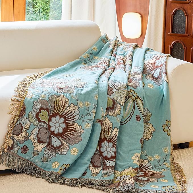 VANJOROY Boho Throw Blanket 60" x 80", 100% Organic Cotton Breathable Skin-Friendly Ultra Soft Bed Quilt Blue Throw - Floral Rustic Decor Luxury Reversible Blanket for Sofa Couch Chair and Gift,
