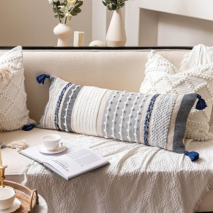 Navy Dark Blue Boho Decorative Lumbar Pillow Cover 14x36, Long Body Pillow for Bed, Accent Lumbar Throw Pillow for Couch, Modern Farmhouse Textured Pillowcase