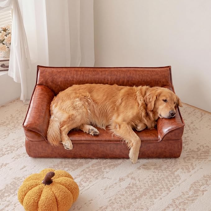 X-Large Leather Dog Sofa Pet Couch for Large Dogs Under 90 lbs, Brown | Mid Century Modern Elevated Luxurious Elevated Dog Chair, Big Dog Chaise Indoor Furniture Style Pet Supplies, Low Maintenance