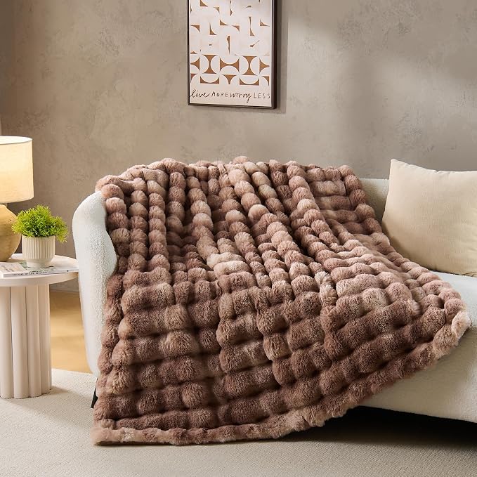DOWNCOOL Large Faux Rabbit Fur Throw Blanket, Soft Fluffy Fuzzy Plush Bubble Blanket for Couch Sofa & Bed, Cozy Warm Luxury Fleece Minky Blanket, 90x90 Inches Tie-dye Brown