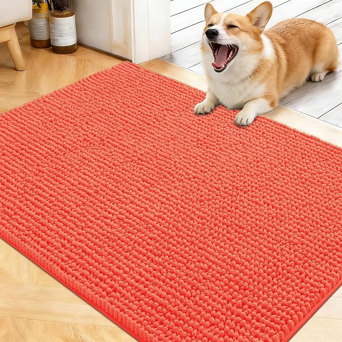 OLANLY Dog Door Mat for Muddy Paws 40x32, Extra Absorbent Chenille Mud Mat | Coral, Absorbs Moisture and Dirt, Non-Slip Machine Washable Doormat, Quick-Drying Indoor Entryway Floor Mat for Dogs