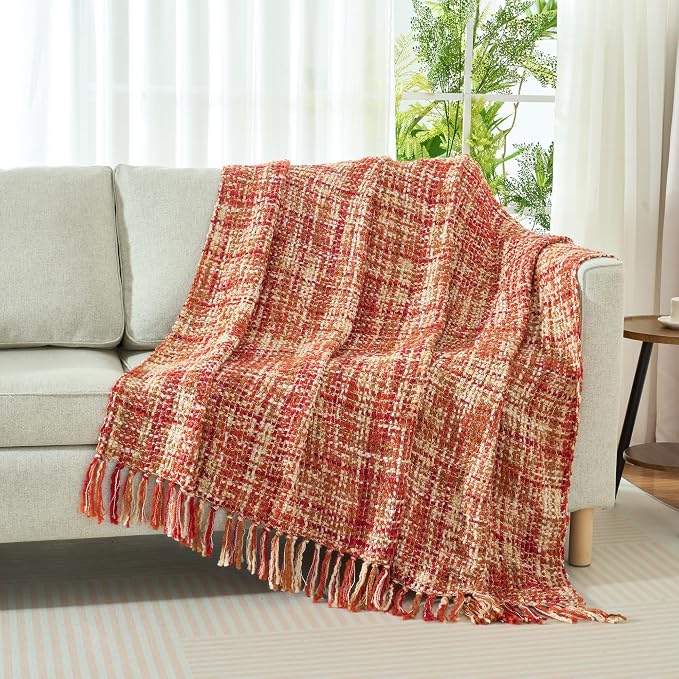 Multi-Color Cable Woven Throw Blanket for Couch - 50"X60" | Multicolored Boho Style,Super Soft Warm Cozy Chunky Blankets with Decorative Tassels for Bed and Sofa,Dark Red