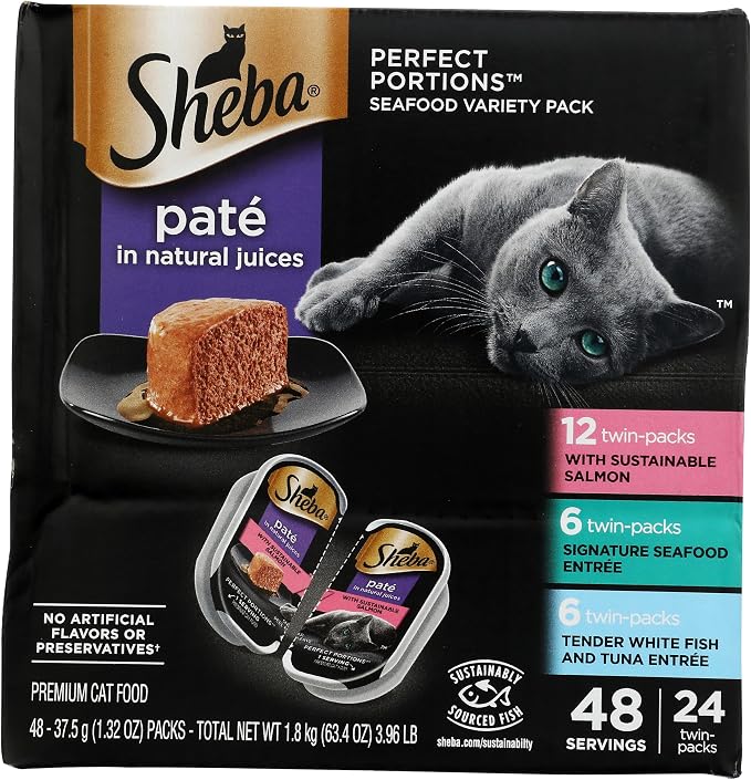 Sheba Perfect Portions Pate Wet Cat Food, Seafood Variety, 2.6 oz, 24 ct | Grain-free, made in USA, Sustainable Salmon, Signature Seafood & Whitefish Tuna, no artificial flavors, twin-pack trays